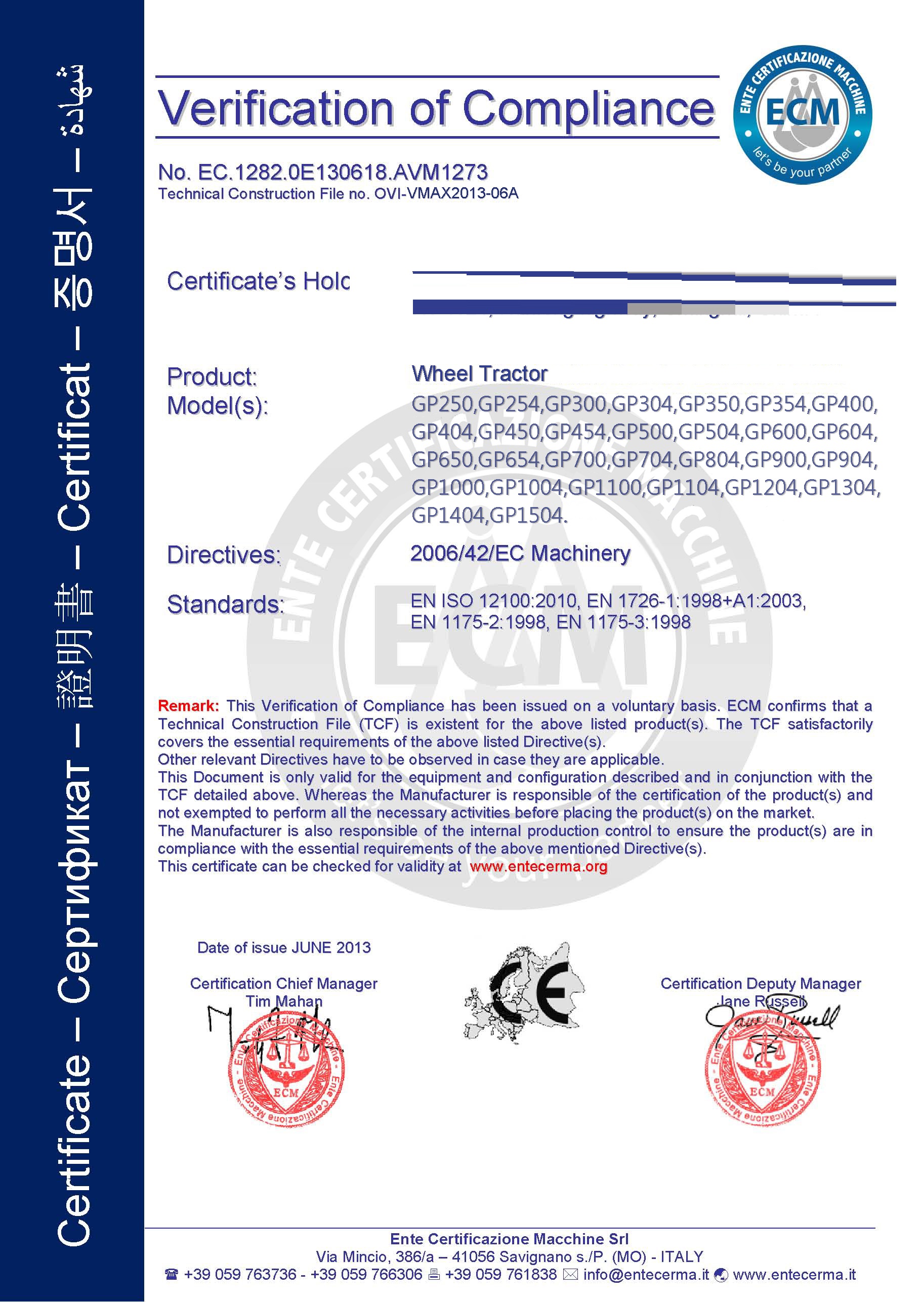 Tractor products with CE