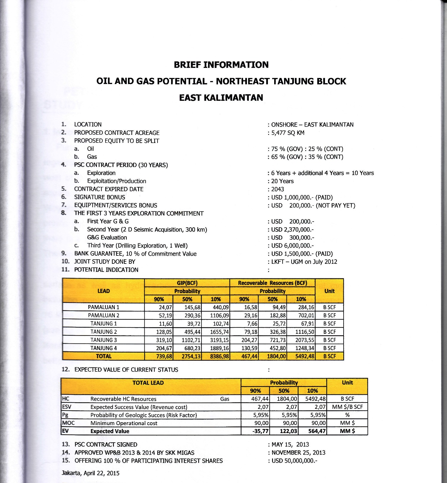 GAS CONCESSION/BLOCK KALIMANTAN INDONESIA