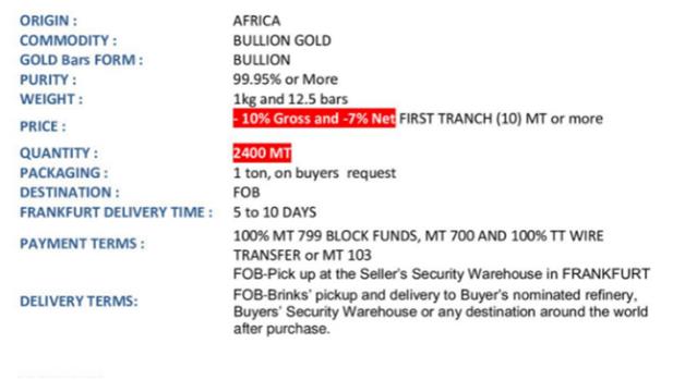 FIRST REF 2101230226P012890 OFFER GOLD BUILLION / FRANKFURT GERMANY / 2.400 MT / 10-7% / FOB /
