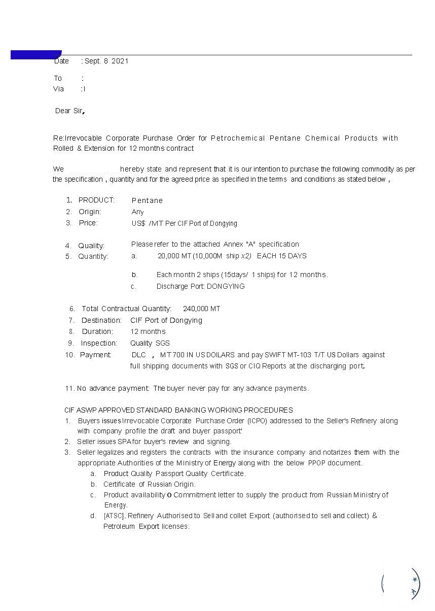 Can you provide Pentane (C5H12, NGL Natural Gasline Liquid) as attached LOI?