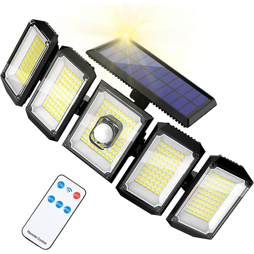 Rosnek Solar Lights Outdoor, 300 LED 5 Heads LED Solar Motion Sensor Lights 360°Waterproof Security LED Flood Light for Pathway Patio Yard Garden Porch