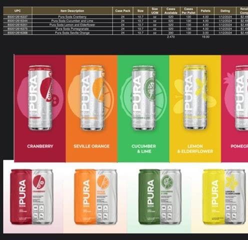 the following is available  Pura  soda. 24/10.1 oz. per case  assorted flavors available 