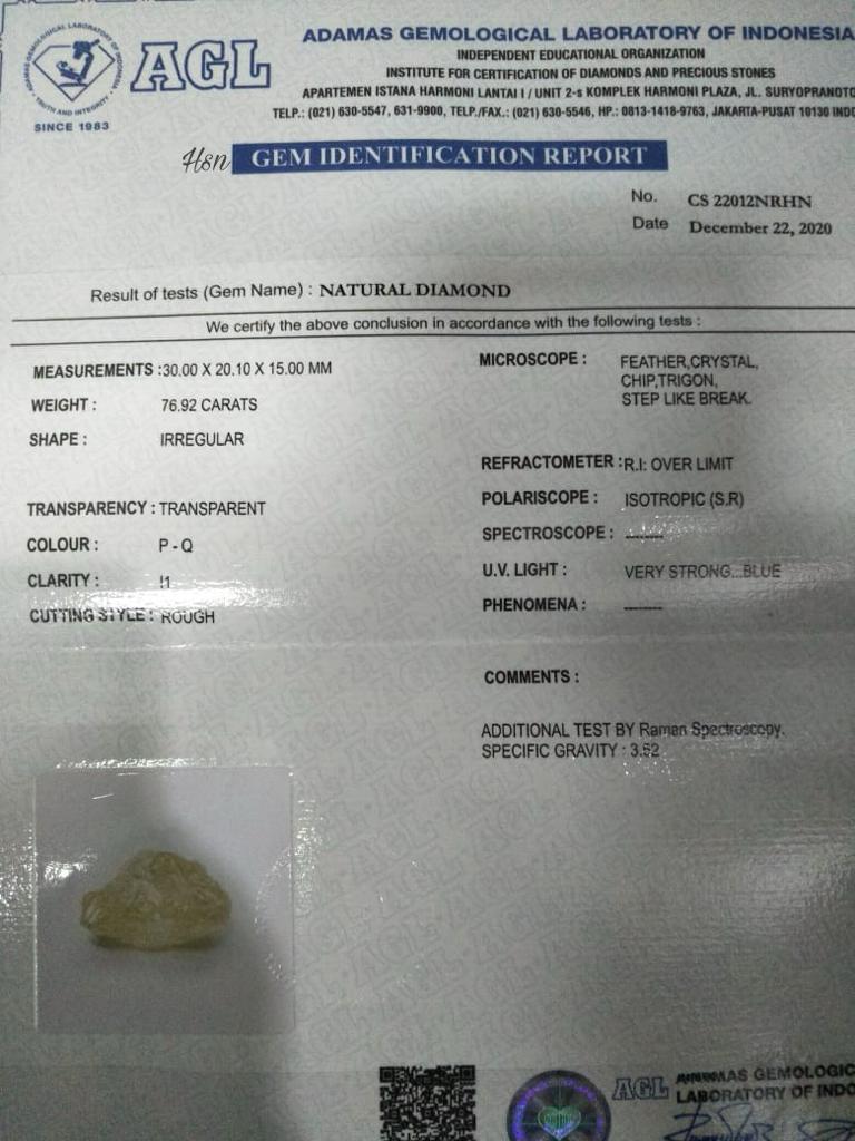 Please find attached, video and certificate for Raw diamond