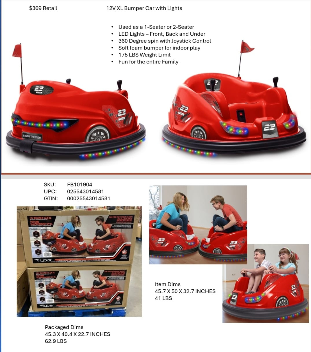 Flybar 12V Ride-on Bumper Car. 4300 Units.  EXW Los Angeles $45.00 Unit. RETAILS $369.00