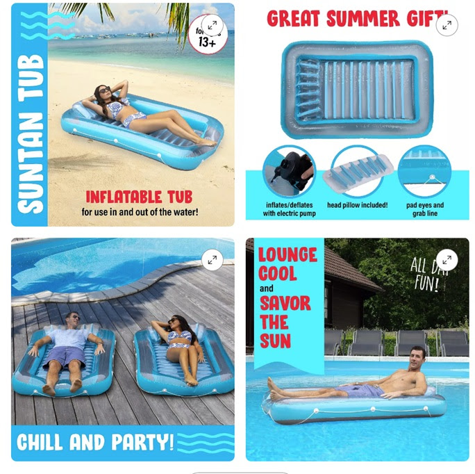 HOOVY Inflatable Tanning Pool Lounge Float with Pillow. 280 Units. EXW Los Angeles $ 15.95 Unit.  Retail $34.99