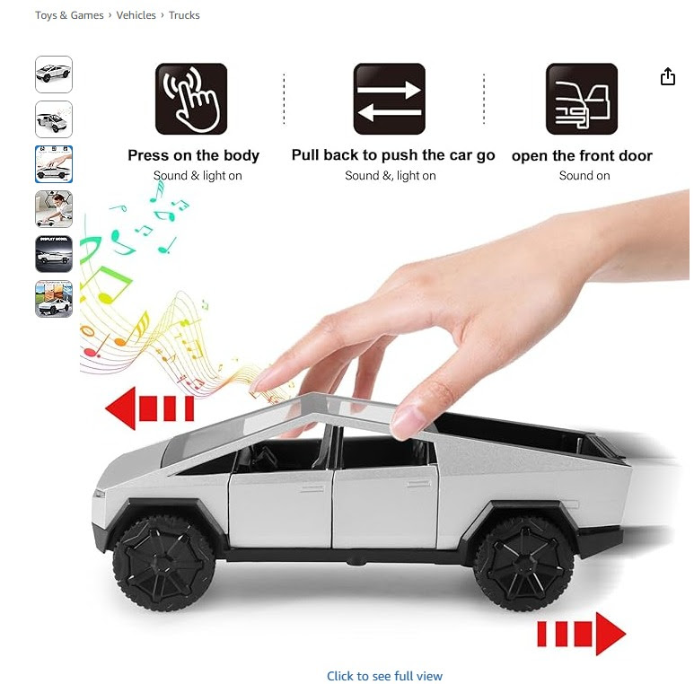 1:24 Tesla Pickup Truck Toy Cars. 5625 Units. FOB Los Angeles $6.95 Unit. Retail $19.99