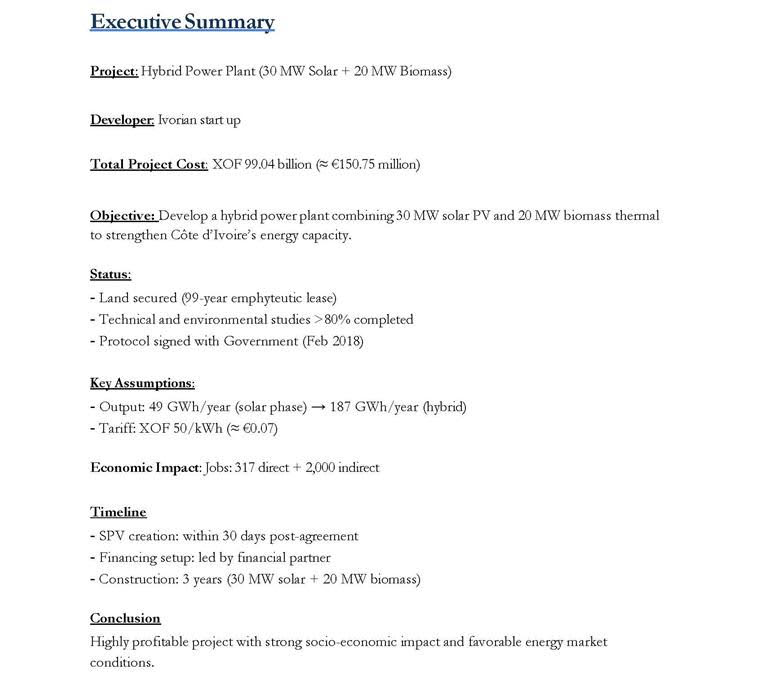 Solar and Biomass Power Plant Project – Ivory Coast