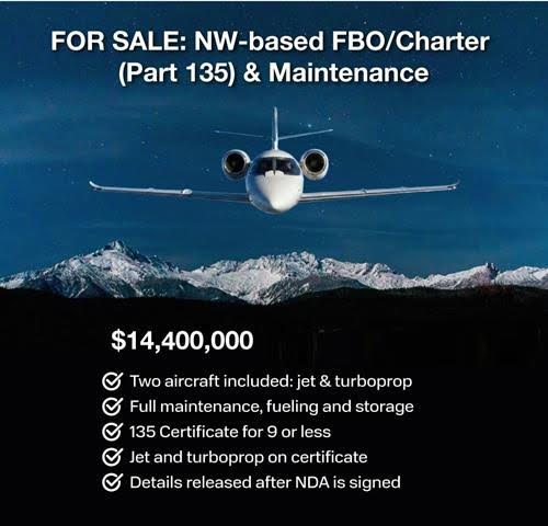FOR SALE:NW-based FBO/CHARTER/(PART 135)& MAINTENANCE 