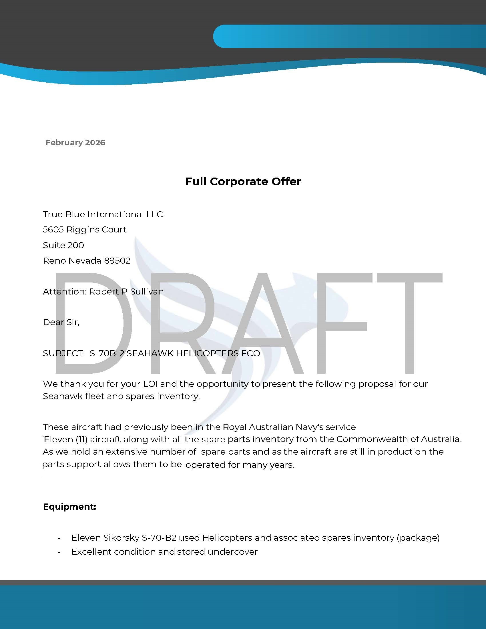 eleven (11) Sikorsky S-70B-2 Seahawk helicopters,