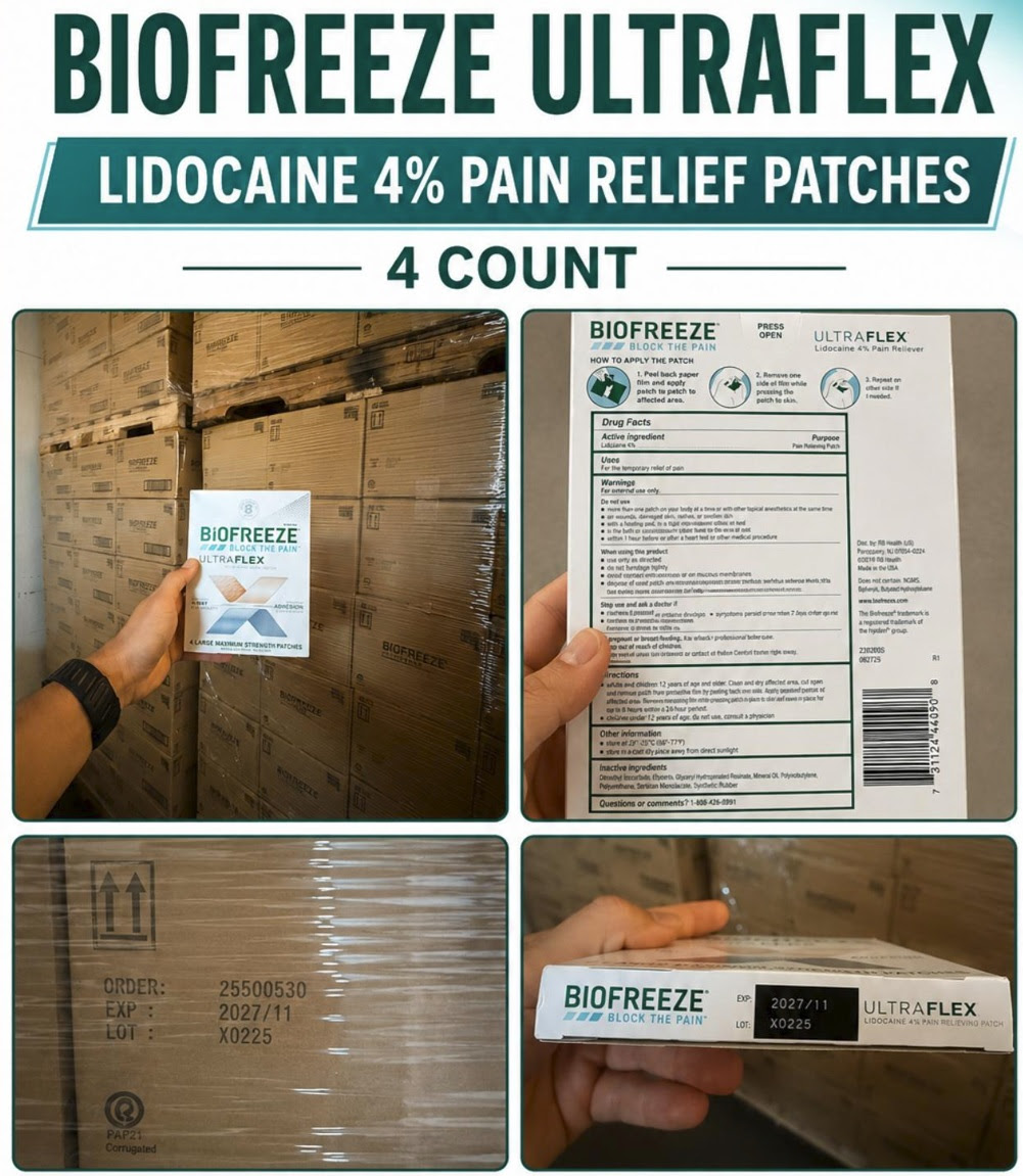 Biofreeze 4ct Lidocaine Ultraflex Joint and Muscle Pain Relievers Patch. 11000 Boxes. EXW New Jersey $4.95 Box of 4 Patches. Retail $15.29